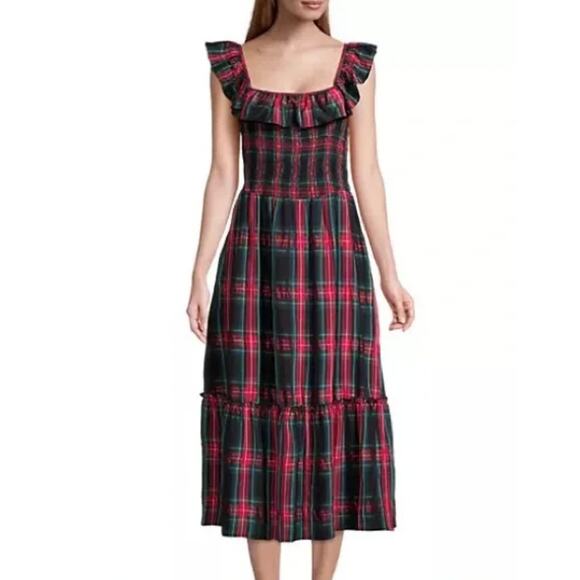 Vineyard Vines Apres Tartan Ruffle Midi Dress A Line Plaid Holiday Party XS NWT - Picture 1 of 11